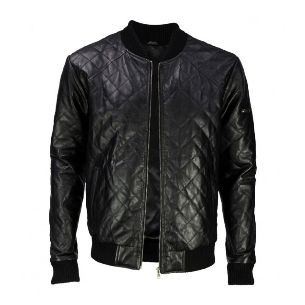 BLACK LAMBSKIN LEATHER QUILTED VARSITY JACKET